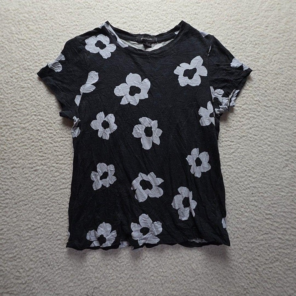 Sanctuary Shirt Womens M Black Crew Neck Short Sleeve Floral Print Top